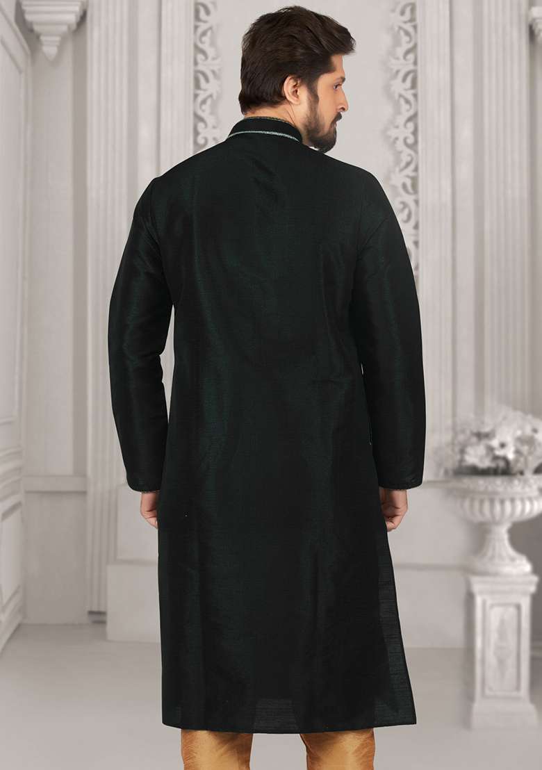 Black Machine Embroidered Silk Blend Kurta For Men - Indya