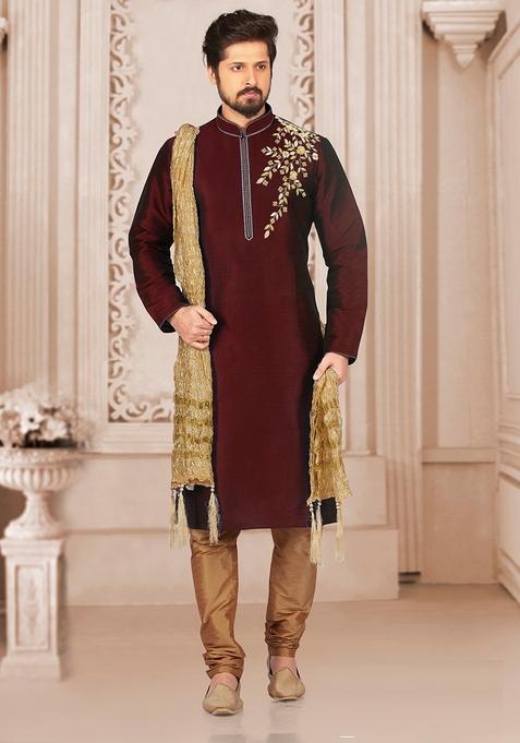 Maroon Machine Embroidered Silk Kurta For Men