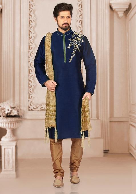 Navy Blue Machine Embroidered Silk Kurta For Men