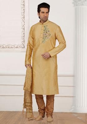 Peach Machine Embroidered Silk Kurta For Men