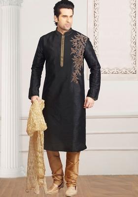 Black Machine Embroidered Silk Kurta For Men