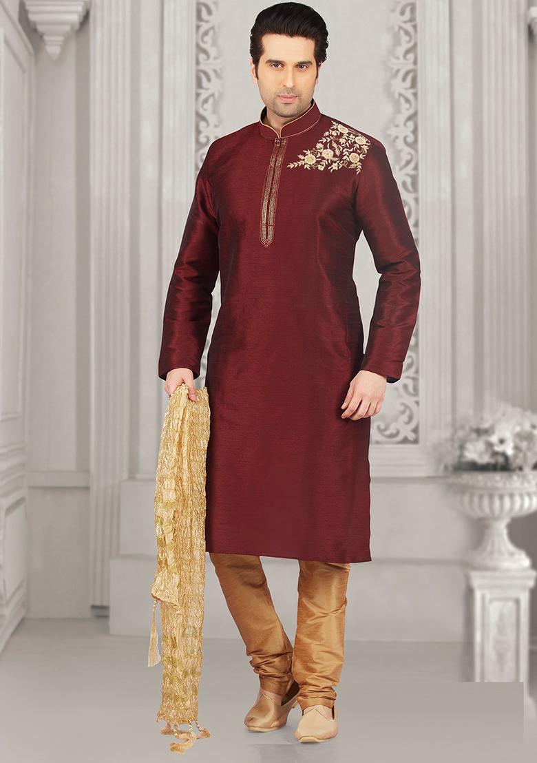 Maroon Machine Embroidered Silk Blend Kurta For Men - Indya