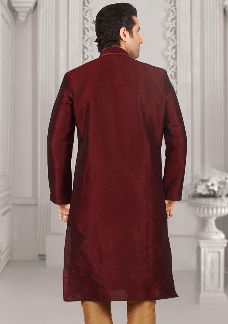 Maroon Machine Embroidered Silk Blend Kurta For Men - Indya