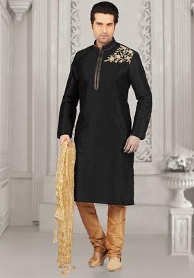 Black Machine Embroidered Silk Kurta For Men