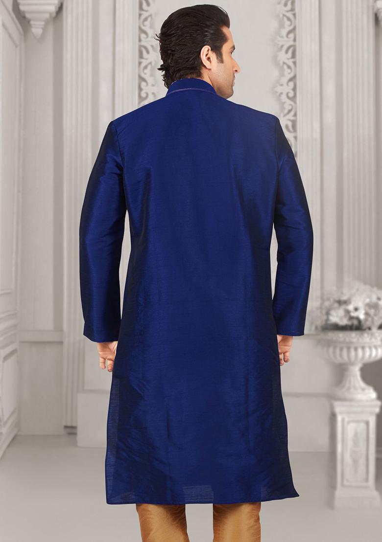 Royal Blue Machine Embroidered Silk Kurta For Men