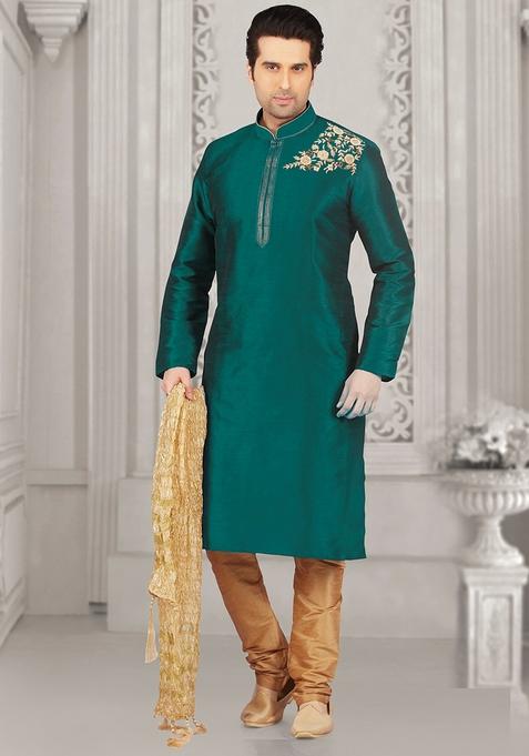 Sea Green Machine Embroidered Silk Kurta For Men