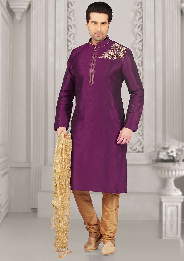 Purple Machine Embroidered Silk Blend Kurta For Men - Indya