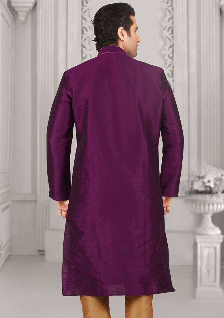 Purple Machine Embroidered Silk Blend Kurta For Men - Indya