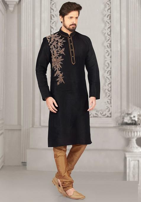 Black Machine Embroidered Silk Kurta For Men