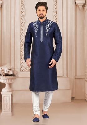 Navy Blue Machine Embroidered Silk Kurta For Men