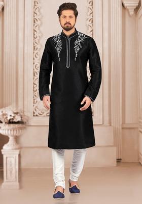 Black Machine Embroidered Silk Kurta For Men