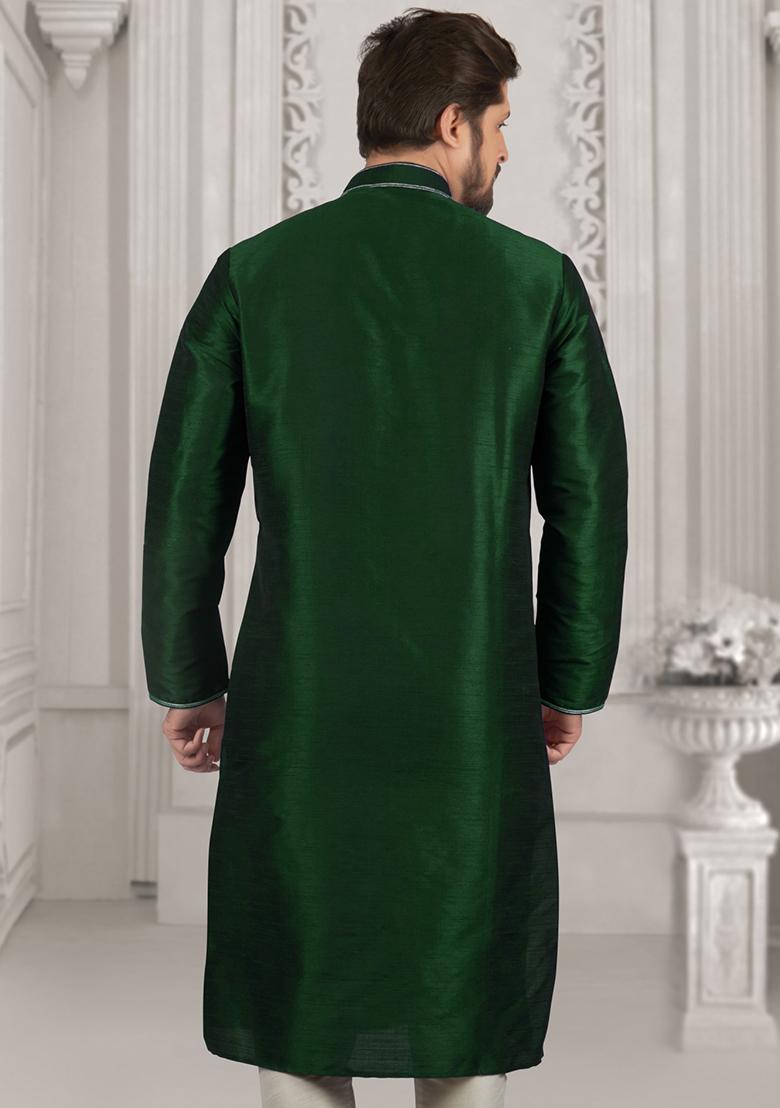 Bottle Green Machine Embroidered Silk Kurta For Men - Indya