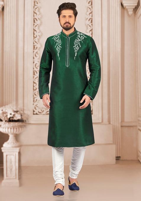 Bottle Green Machine Embroidered Silk Kurta For Men