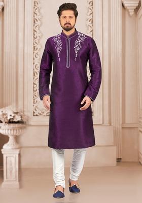Purple Machine Embroidered Silk Kurta For Men