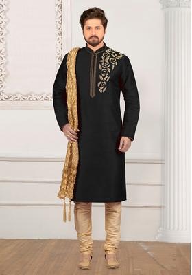 Black Machine Embroidered Silk Kurta For Men