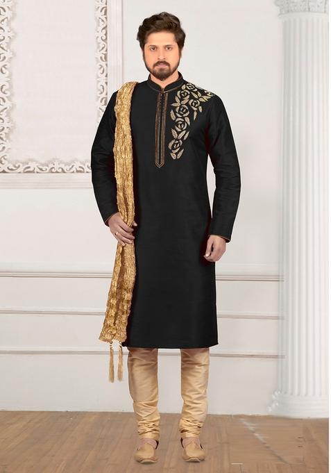Black Machine Embroidered Silk Kurta For Men