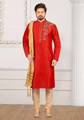 Rust Orange Machine Embroidered Silk Kurta For Men