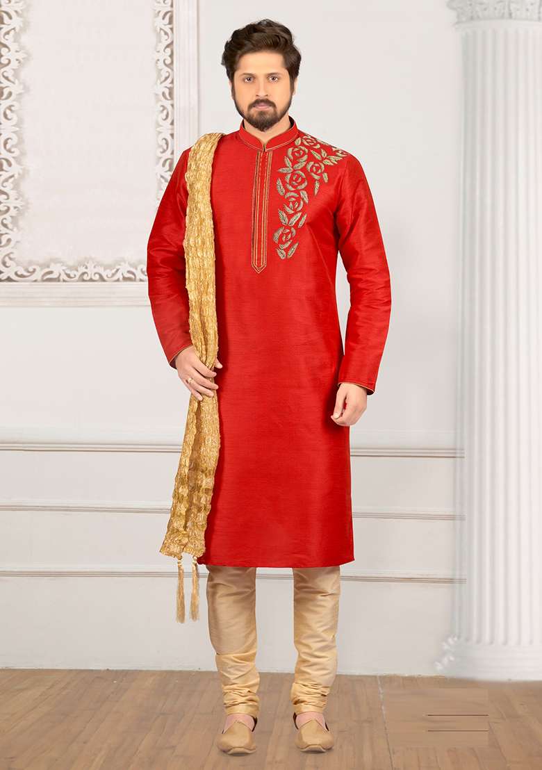 Rust Orange Machine Embroidered Silk Blend Kurta For Men - Indya