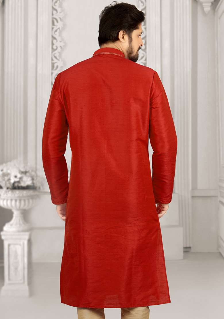 Rust Orange Machine Embroidered Silk Blend Kurta For Men - Indya