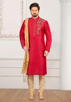 Dark Pink Machine Embroidered Silk Kurta For Men