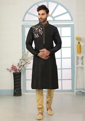 Black Machine Embroidered Silk Kurta For Men