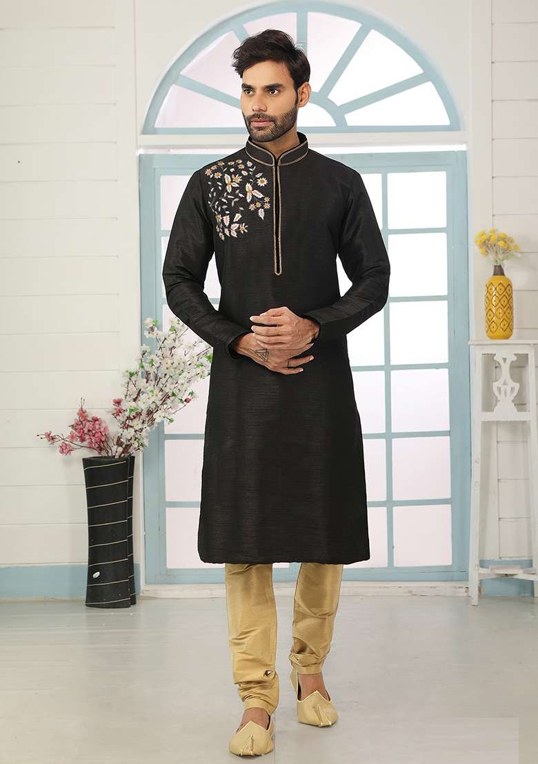 Black Machine Embroidered Silk Blend Kurta For Men - Indya