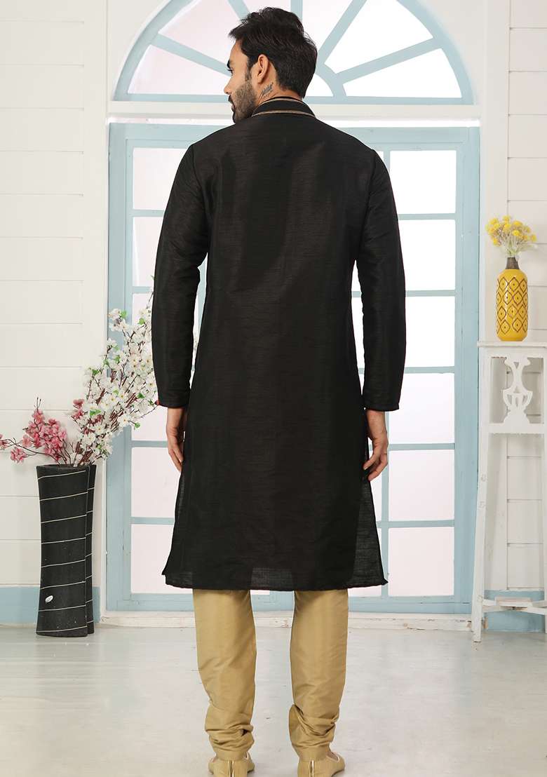 Black Machine Embroidered Silk Blend Kurta For Men - Indya