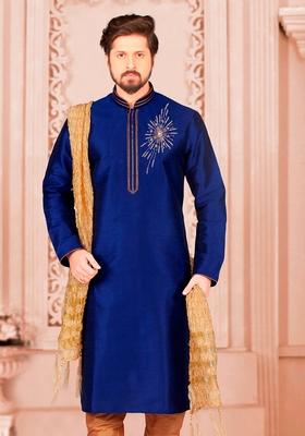 Royal Blue Machine Embroidered Silk Kurta For Men