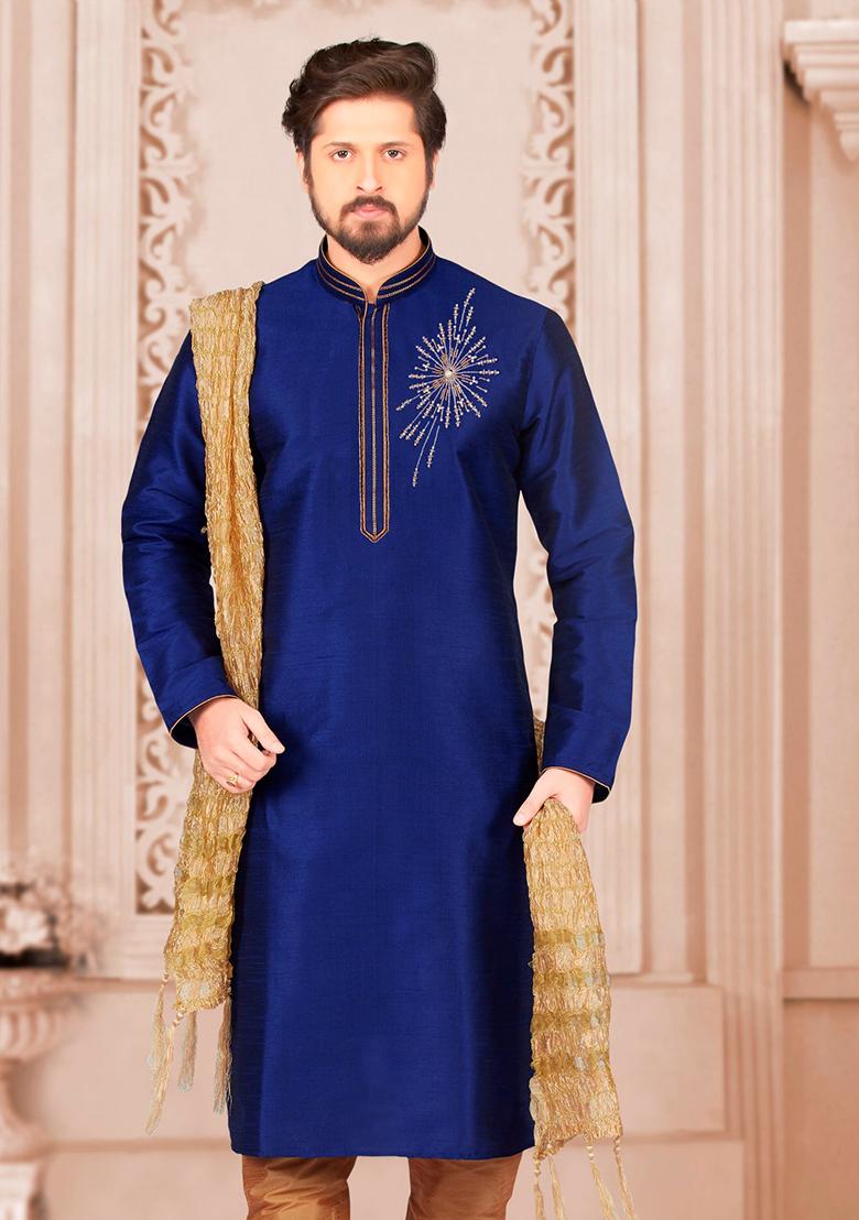 Royal Blue Machine Embroidered Silk Kurta For Men