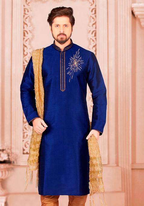 Royal Blue Machine Embroidered Silk Kurta For Men