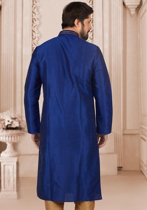 Royal Blue Machine Embroidered Silk Kurta For Men