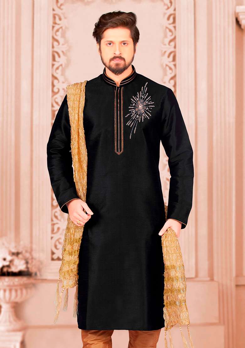 Black Machine Embroidered Silk Blend Kurta For Men - Indya