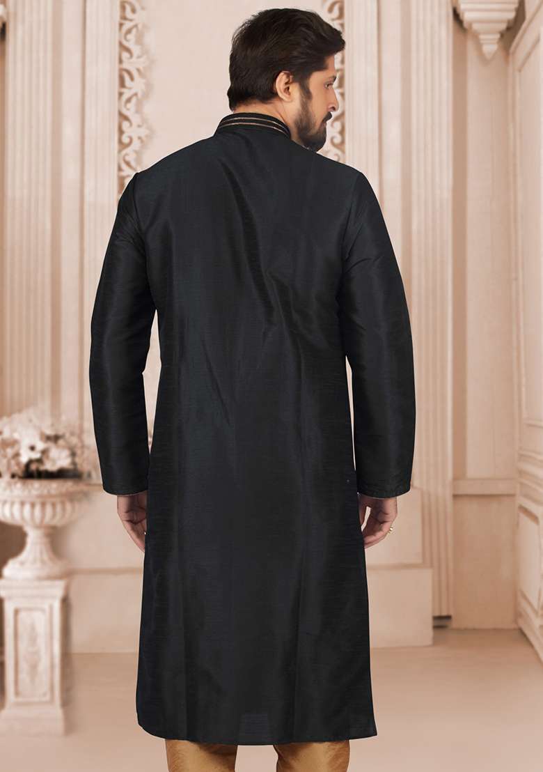 Black Machine Embroidered Silk Blend Kurta For Men - Indya