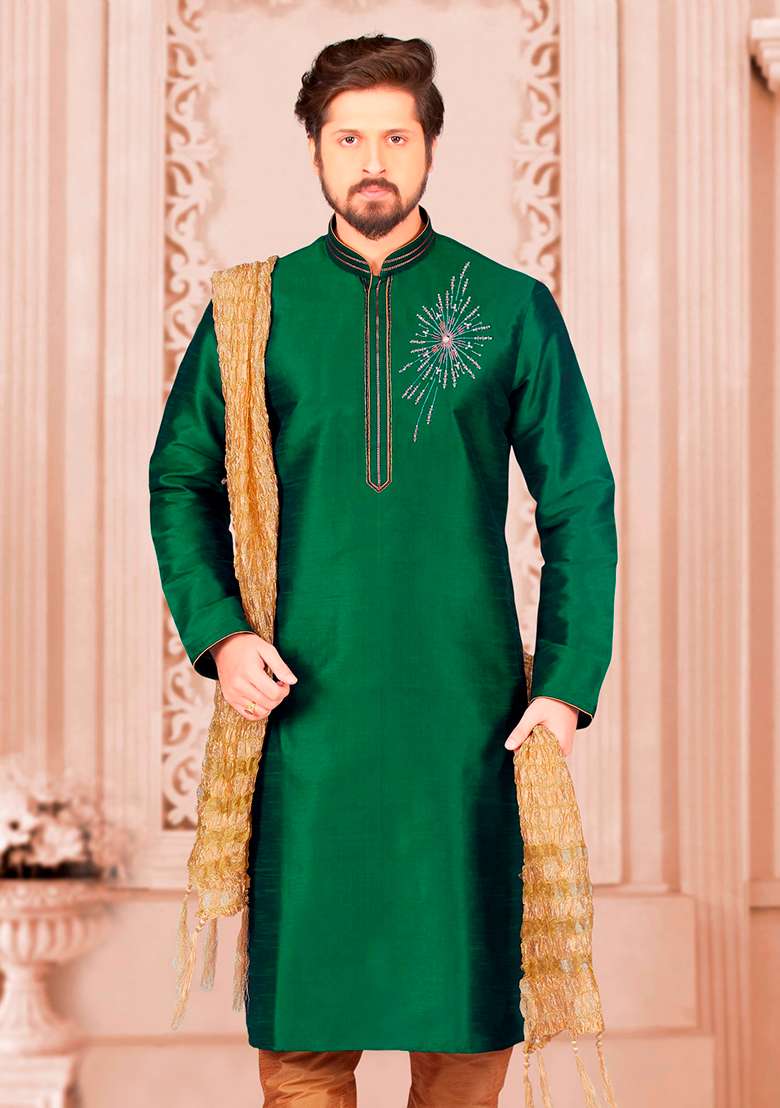 Green Machine Embroidered Silk Blend Kurta For Men - Indya