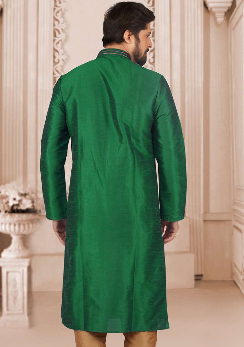 Green Machine Embroidered Silk Blend Kurta For Men - Indya