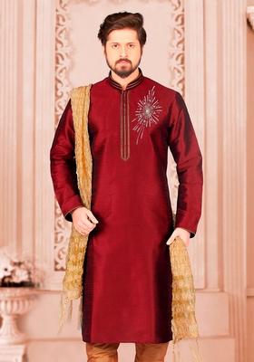 Maroon Machine Embroidered Silk Kurta For Men