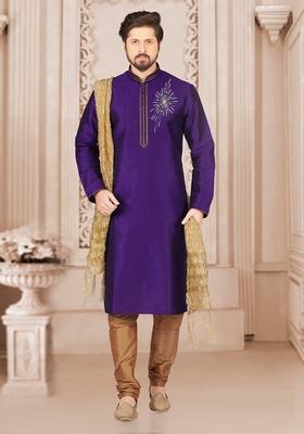 Violet Machine Embroidered Silk Kurta For Men