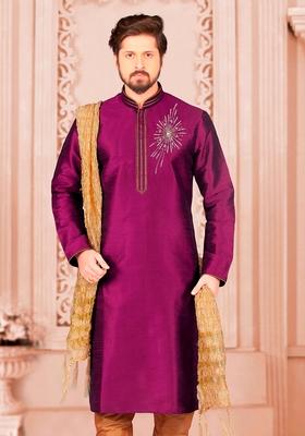 Purple Machine Embroidered Silk Kurta For Men