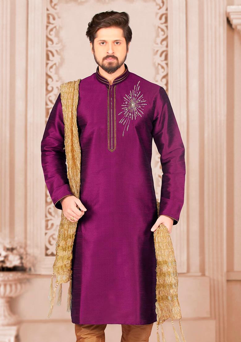 Purple Machine Embroidered Silk Kurta For Men