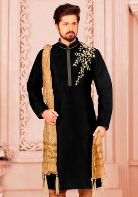 Black Machine Embroidered Silk Kurta For Men