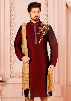 Maroon Machine Embroidered Silk Kurta For Men