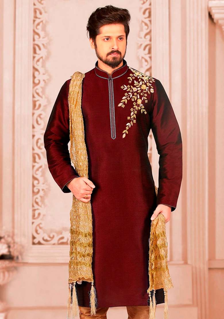 Maroon Machine Embroidered Silk Blend Kurta For Men - Indya