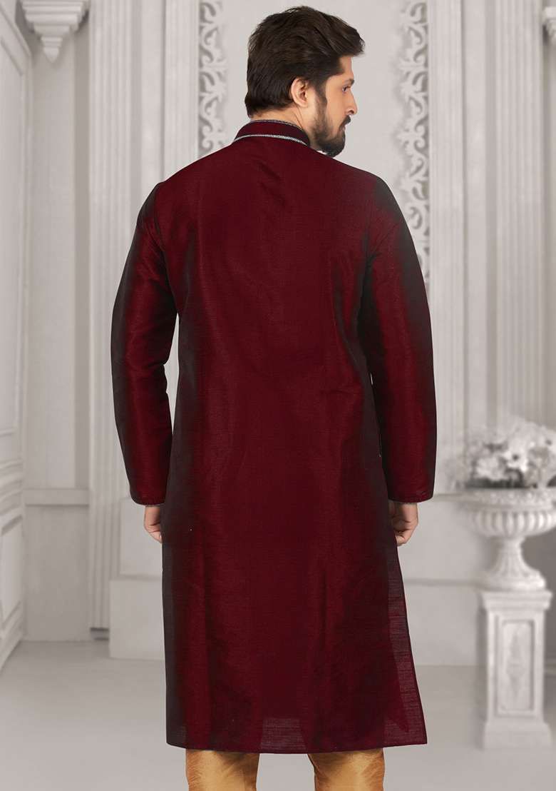 Maroon Machine Embroidered Silk Blend Kurta For Men - Indya