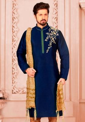 Navy Blue Machine Embroidered Silk Kurta For Men