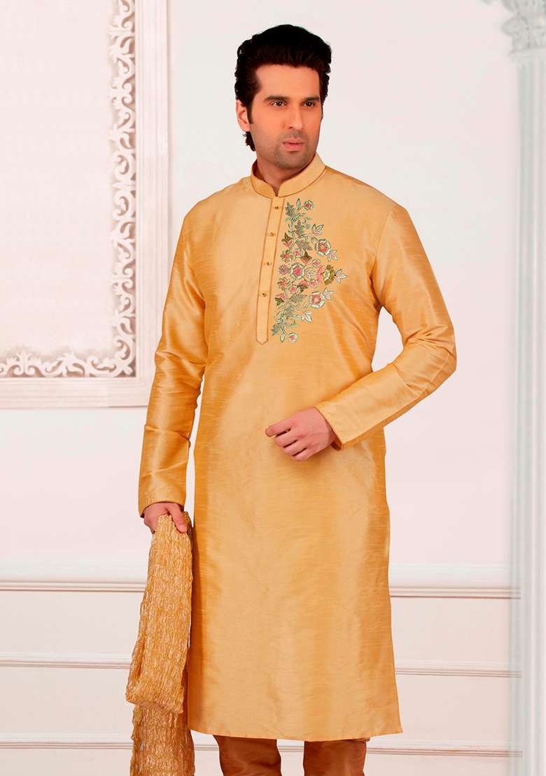 Peach Machine Embroidered Silk Blend Kurta For Men - Indya