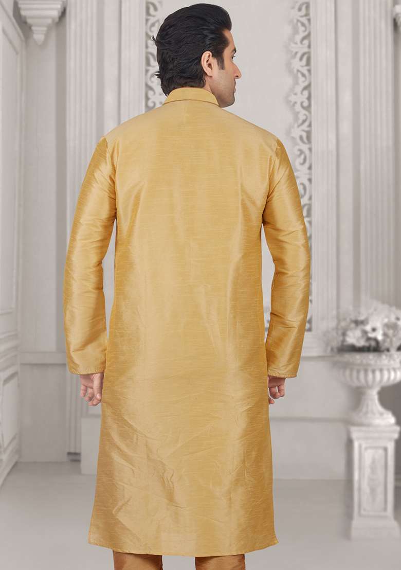 Peach Machine Embroidered Silk Blend Kurta For Men - Indya