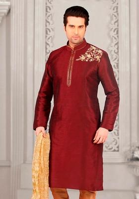 Maroon Machine Embroidered Silk Kurta For Men