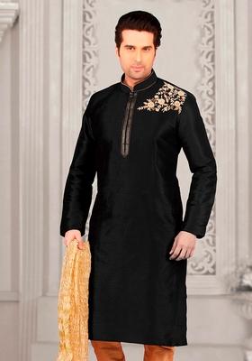 Black Machine Embroidered Silk Kurta For Men