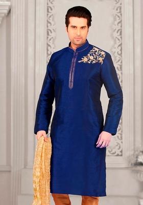 Royal Blue Machine Embroidered Silk Kurta For Men
