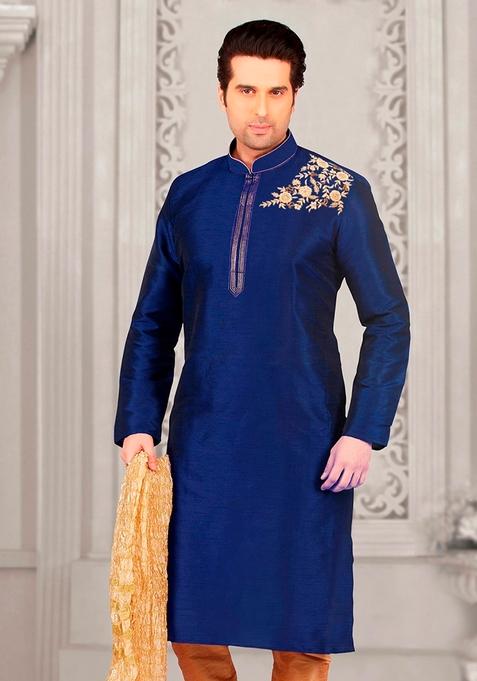 Royal Blue Machine Embroidered Silk Kurta For Men